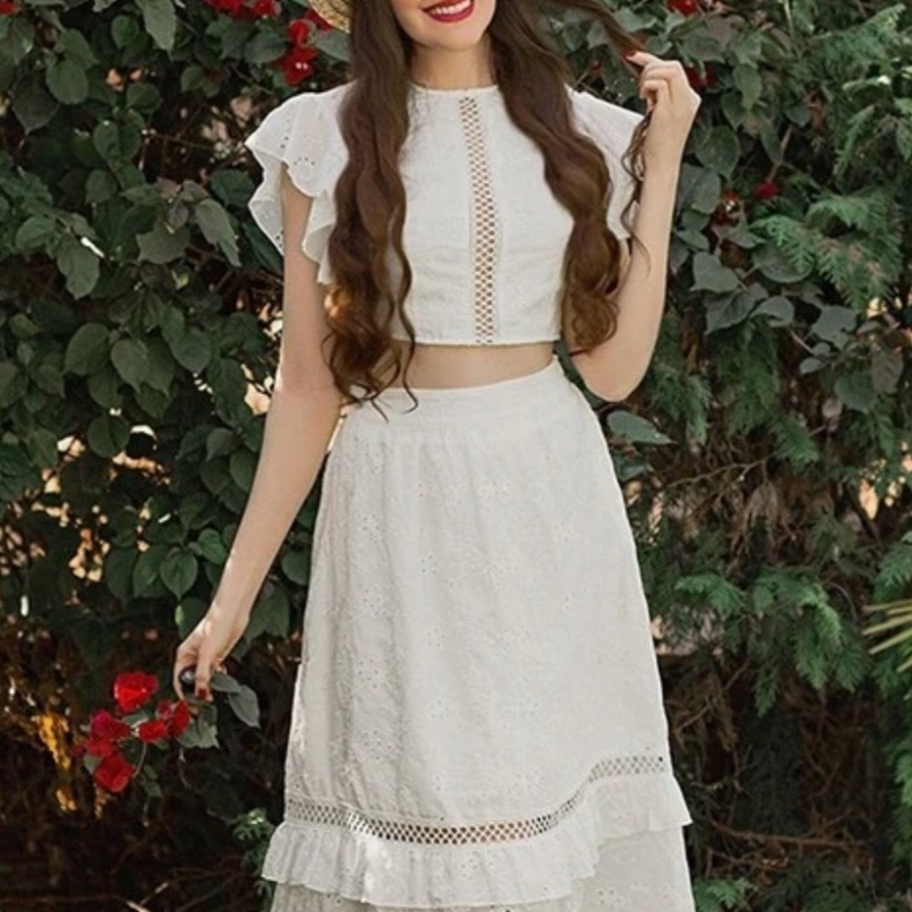White Eyelet Embroidery 2 Piece Set Crop Top and Long Skirt - Picture 10 of 10